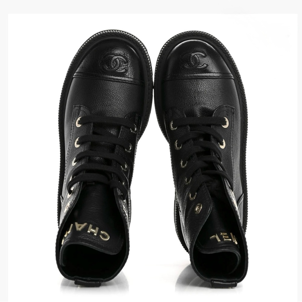 CHANEL Grained Calfskin Lace Up Combat Boots
